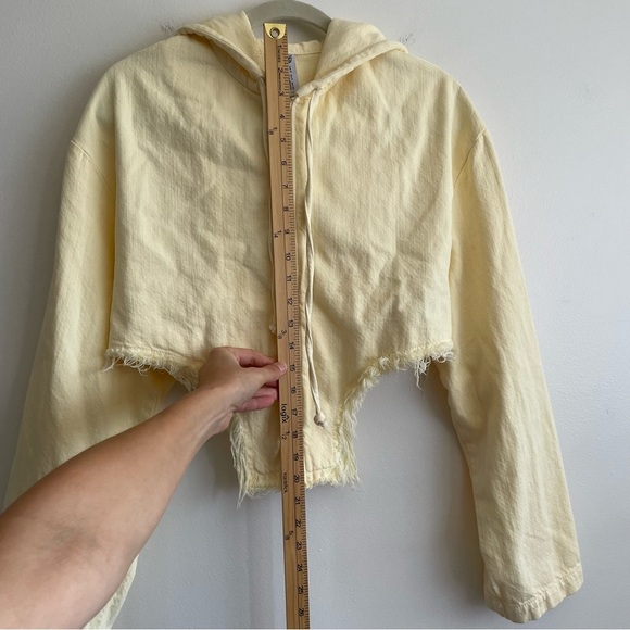Zara Cropped Jean jacket pale light butter yellow asymmetrical zip flare hooded - Picture 6 of 9